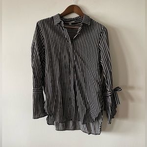 Black & white striped button-down blouse with bow sleeves